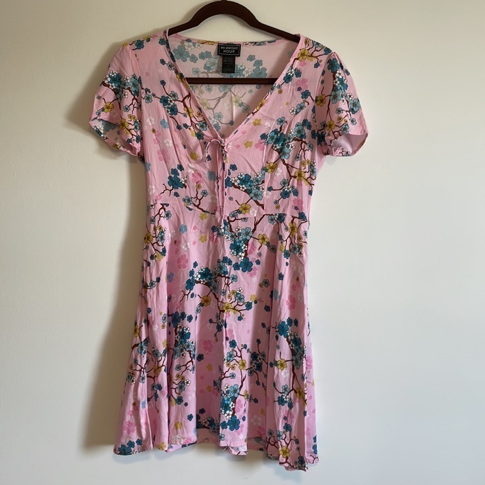 Midnight Hour Dress Ditsy Floral Mini Pink Teal Short Sleeve Small Rayon fairy
